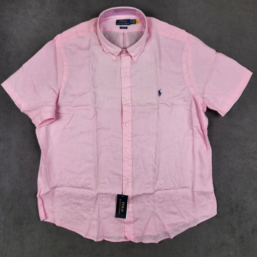 Polo Ralph Lauren Linen Shirt Mens XXL Pink Classic Fit Short Sleeve Button NEW
